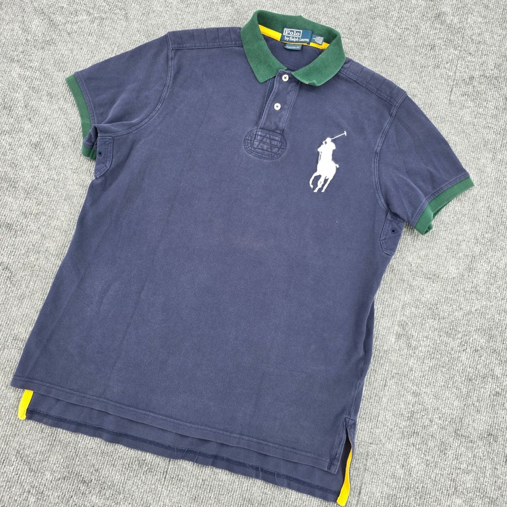 Polo Ralph Lauren Mens Large Custom Fit Big Pony Polo Shirt Navy Blue Green